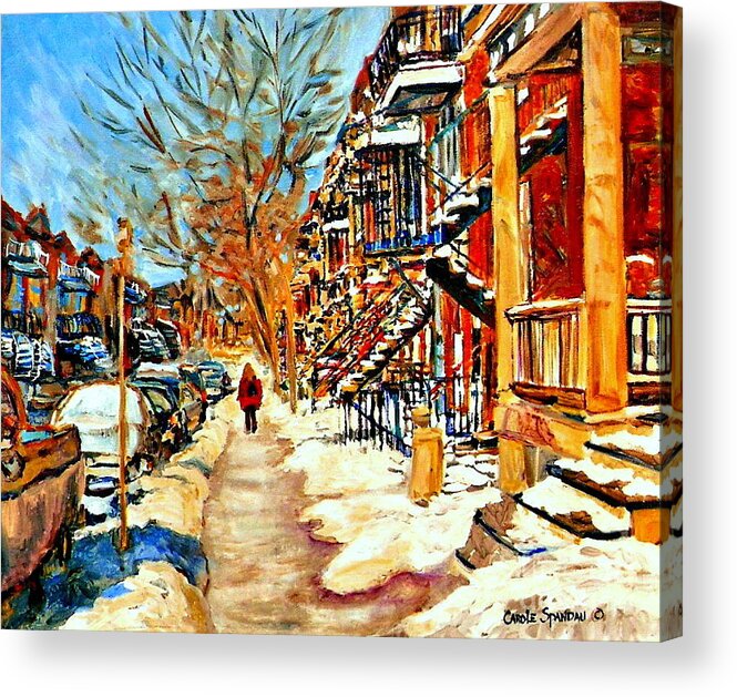 Montreal Acrylic Print featuring the painting Montreal Art Winterwalk In Montreal Street Scene Painting by Carole Spandau