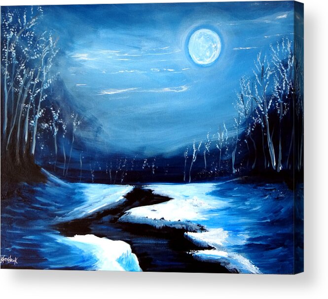 Moon Acrylic Print featuring the painting Moon Snow Trees River Winter by Katy Hawk
