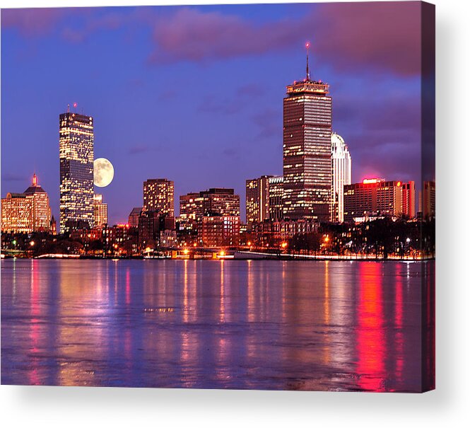 Boston Strong Acrylic Print featuring the photograph Moonlit Boston on the Charles by Mitchell R Grosky