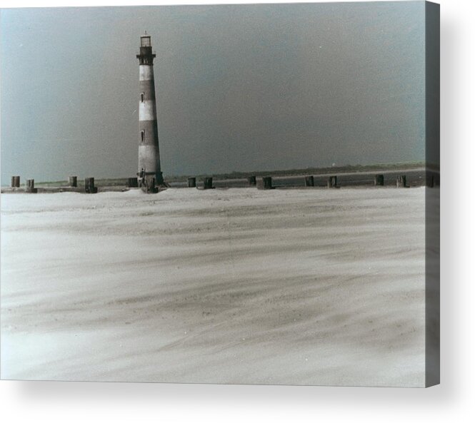 Black And White Acrylic Print featuring the photograph Morris Lighthouse Folly Beach SC by Jean Wolfrum