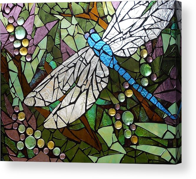 Stained Glass Acrylic Print featuring the glass art Mosaic Stained Glass - Blue Dragonfly 50/50 by Catherine Van Der Woerd