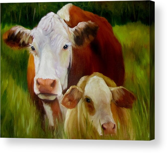 Hereford Cow Acrylic Print featuring the painting Mother Cow and Baby Calf by Cheri Wollenberg