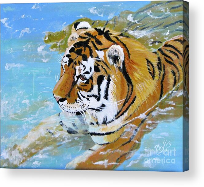 Tiger Cooling Off Acrylic Print featuring the painting My Water Tiger by Phyllis Kaltenbach