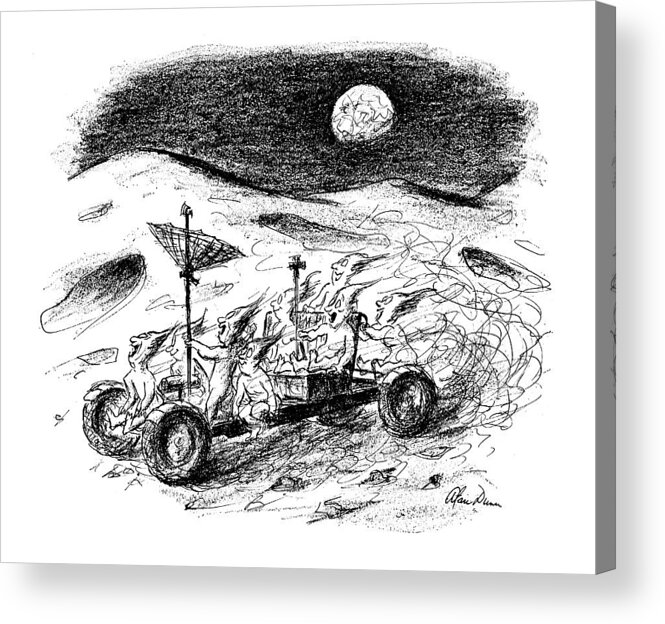 (eight Moon-men Racing Around In The Lunar Rover Left Behind By The Astronauts.) Science Acrylic Print featuring the drawing New Yorker August 21st, 1971 by Alan Dunn