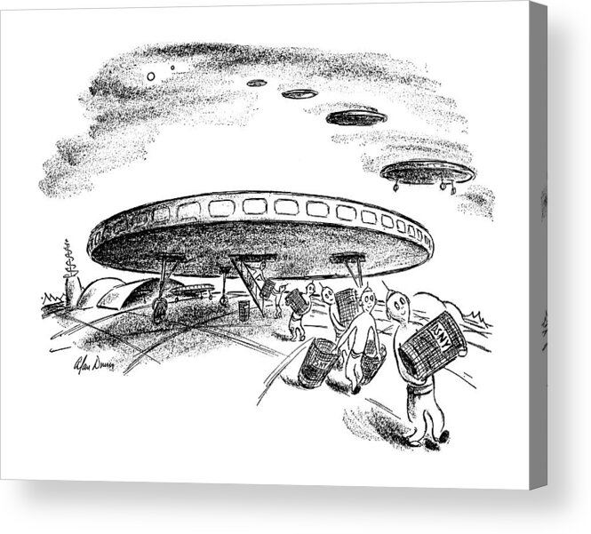 (new York City Trash Cans (which Have Been Mysteriously Disappearing) Are Shown Being Stolen By Men From Mars Who Have Come To The Earth- In Flying Saucers.) Sci-fi Acrylic Print featuring the drawing New Yorker May 20th, 1950 by Alan Dunn