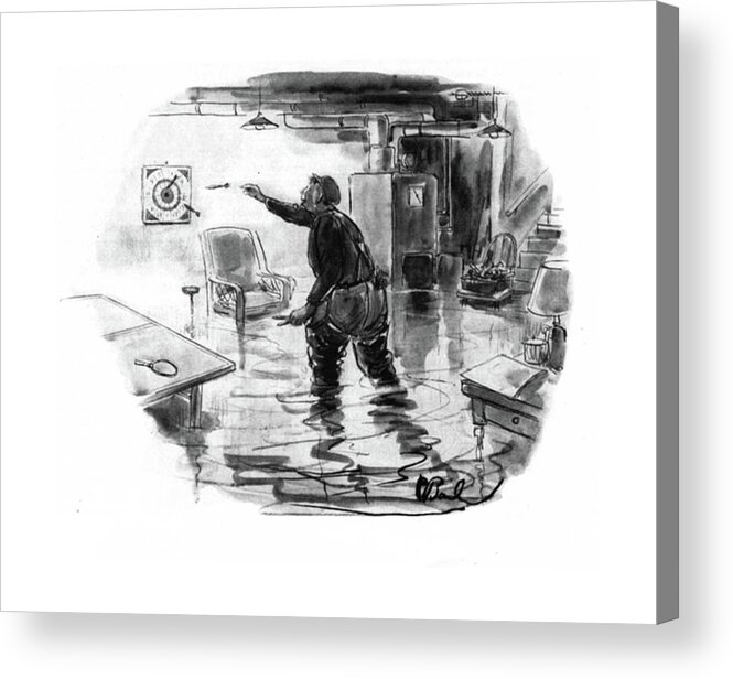 111504 Pba Perry Barlow Plumber In Flooded Cellar Rumpus Room Is Playing A Game Of Darts. Cellar-rumpus Darts Distraction Emergency Ethic ?ood Game Games Job Playing Plumber Procrastinate Procrastination Repair Repairman Room Task Unsupervised Water Work Acrylic Print featuring the drawing New Yorker November 1st, 1941 by Perry Barlow