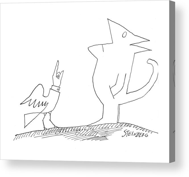 Monsters Creatures Birds Cats Animals 
Fantasy Look Looking Point Pointing Direction Up Upward 
A Man With A Cat's Head And Tail Looks Up In The Direction Pointed By A Hand In Thumb & Forefinger Pose Acrylic Print featuring the drawing New Yorker October 10th, 1964 by Saul Steinberg