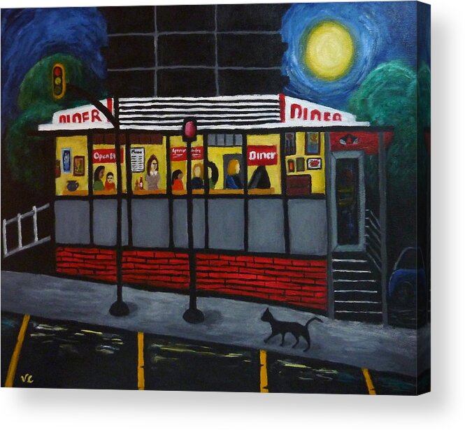 Diner Acrylic Print featuring the painting Night at an Arlington Diner by Victoria Lakes
