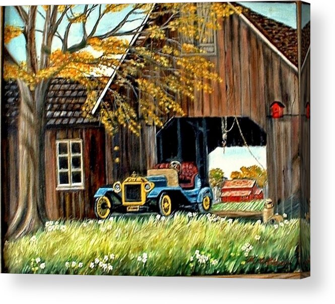 Old Barn Car Acrylic Print featuring the painting Old Barn and Old Car by Kenneth LePoidevin