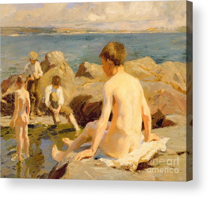 Boys Acrylic Print featuring the painting On the Rocks Near Newlyn by Harold Harvey