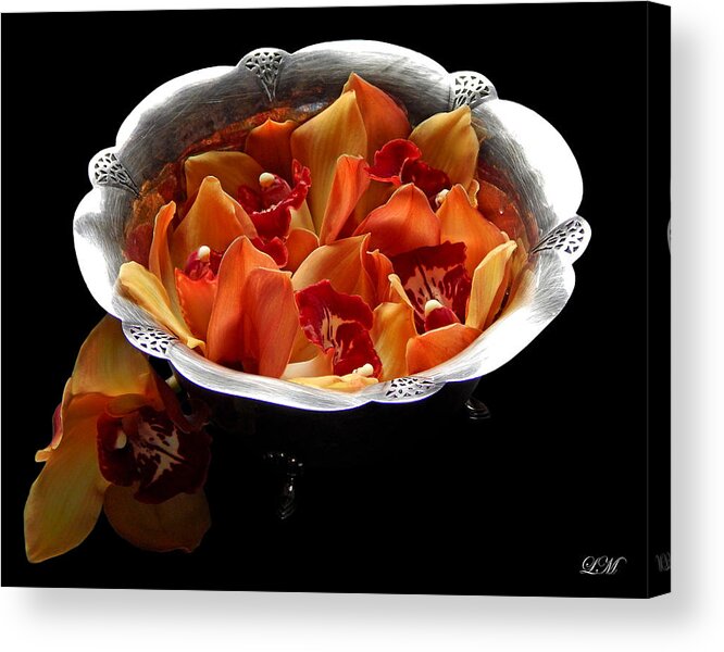 Flowers Acrylic Print featuring the photograph Orchids in a Silver Bowl II Still Life Flower Art Poster by Lily Malor