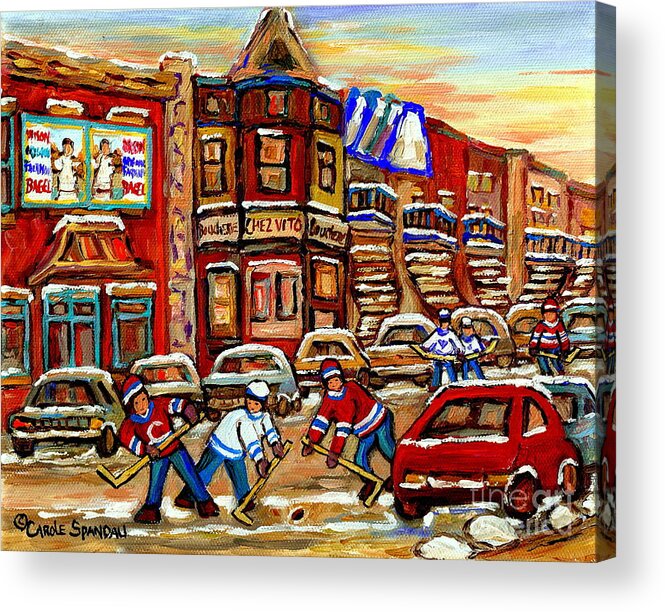 Montreal Acrylic Print featuring the painting Paintings Of Fairmount Bagel Street Hockey Game Near Chez Vito Montreal Art Winter City Cspandau by Carole Spandau