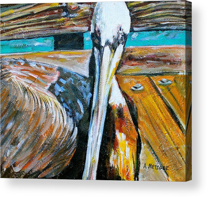 Dock Acrylic Print featuring the painting Pelican Resting by Alan Metzger
