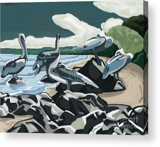 Pelicans Acrylic Print featuring the painting Pelicans and Friends at Seashore by Tim Gilliland