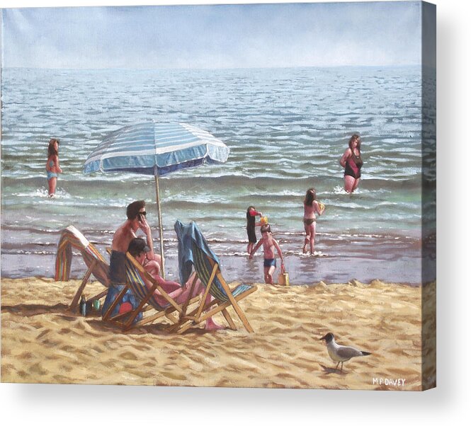 Bournemouth Acrylic Print featuring the painting People On Bournemouth Beach Parasol by Martin Davey