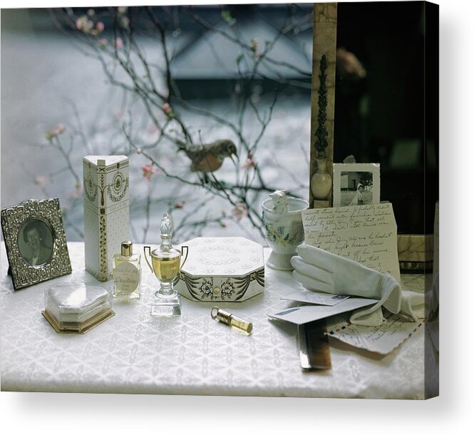 Nobody Acrylic Print featuring the photograph Perfume And Accessories On A Vanity Table by Frances McLaughlin-Gill