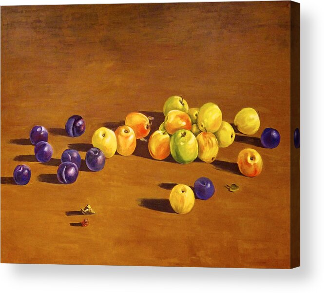 Fruit Acrylic Print featuring the painting Plums and Apples Still Life by Ingrid Dohm