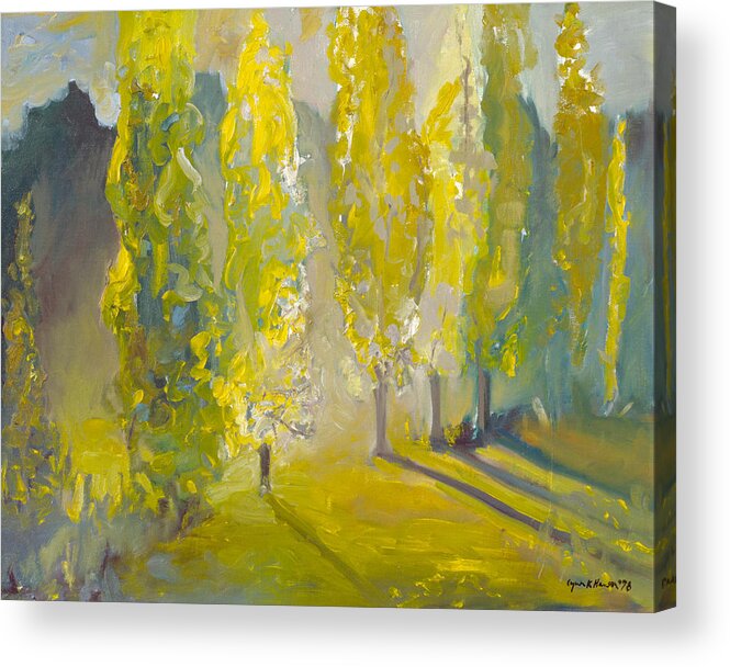 Impressionist Acrylic Print featuring the painting Poplars in the Morning by Lynn Hansen