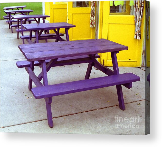 Purple Acrylic Print featuring the photograph Purple Picnic Tables Yellow Doors by Tom Brickhouse