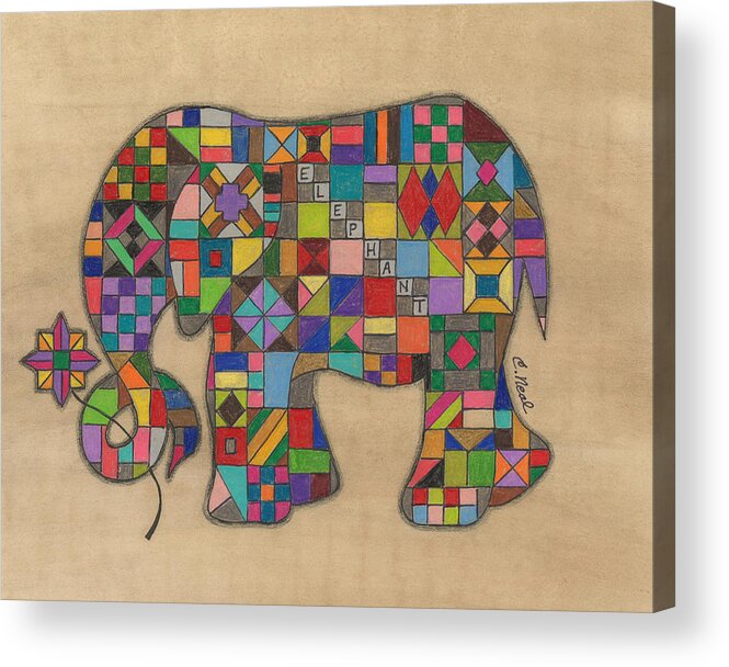 Elephant Acrylic Print featuring the drawing Quilted Elephant by Carol Neal