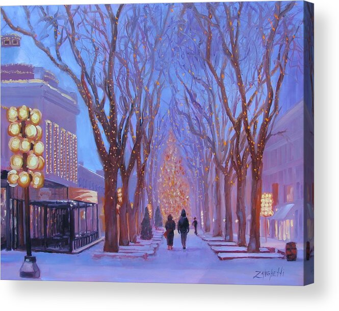 Holidays Acrylic Print featuring the painting Quincy Market at Twilight by Laura Lee Zanghetti