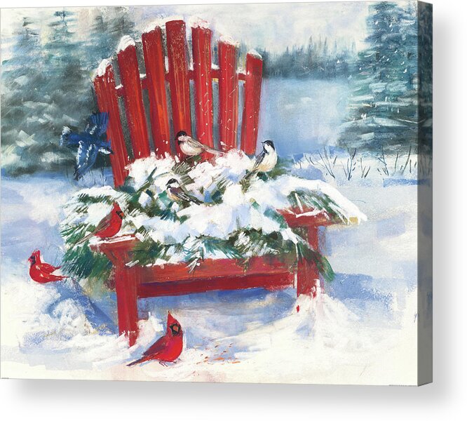 Adirondack Chair Acrylic Print featuring the painting Red Chair In Winter by Carol Rowan
