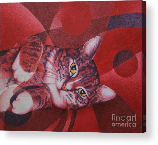 Cat Acrylic Print featuring the painting Red Feline Geometry by Pamela Clements