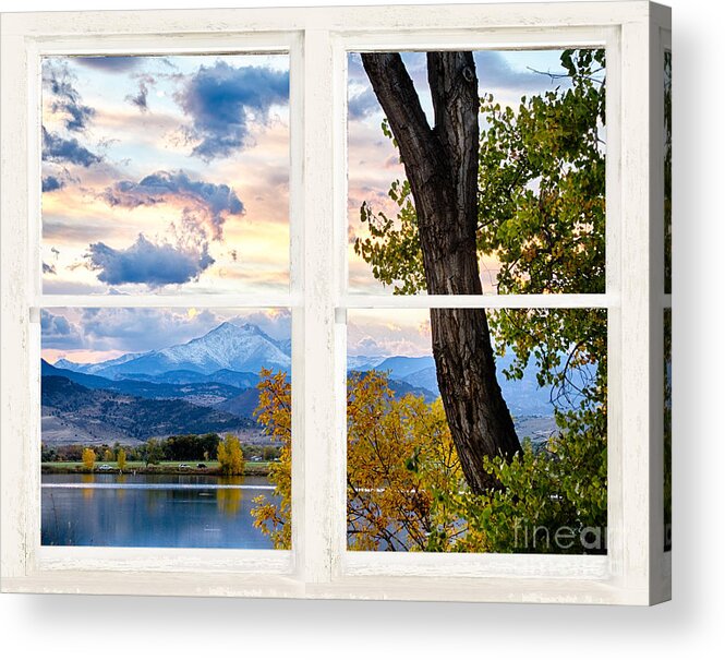 Window Acrylic Print featuring the photograph Rocky Mountains lake Autumn Rustic White Washed Window View by James BO Insogna