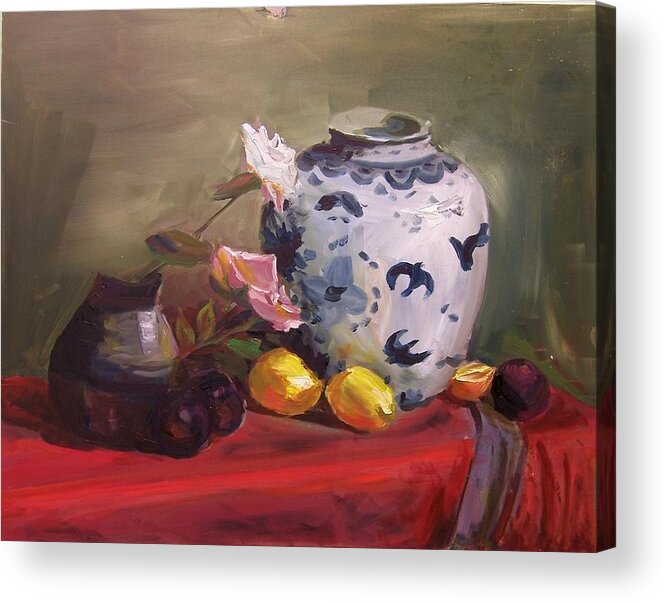 Still Life Acrylic Print featuring the painting Roses and Lemons by Nicolas Bouteneff