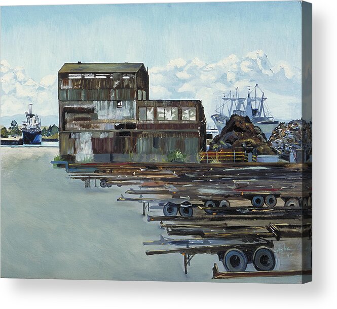Industrial Painting; Urban Scene Painting Acrylic Print featuring the painting Rustic Schnitzer Steel Building with Trailers at the Port of Oakland by Asha Carolyn Young