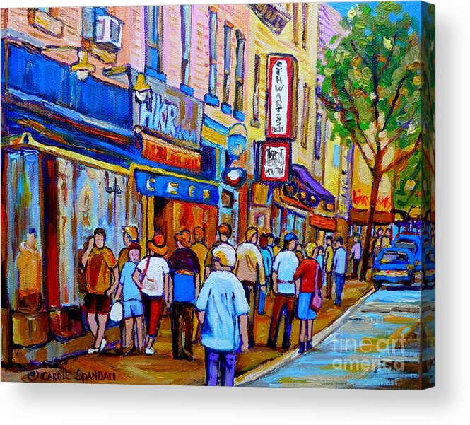 Montreal Acrylic Print featuring the painting Schwartzs Hebrew Deli Montreal Urban Scene by Carole Spandau
