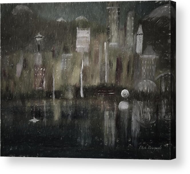Seattle Acrylic Print featuring the mixed media Seattle in the Rain CityScape by Dick Bourgault
