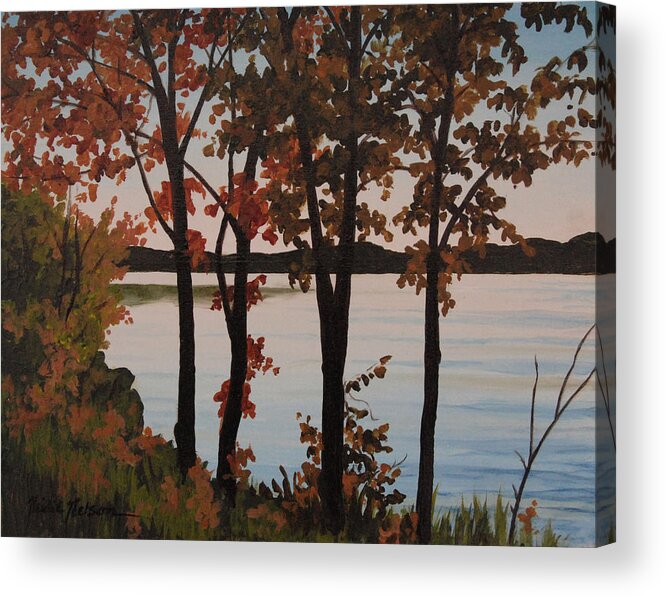 Lake Acrylic Print featuring the painting Silver Lake through Autumn Trees by Heidi E Nelson