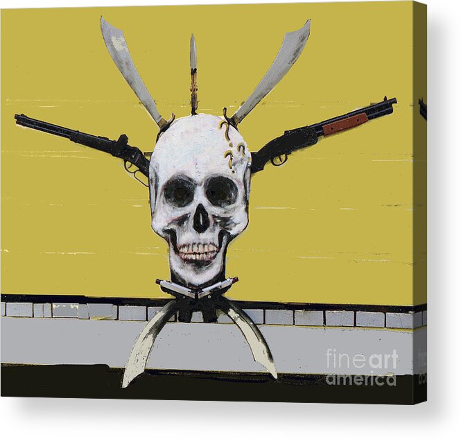 Skull Acrylic Print featuring the mixed media Skull with Guns by Bill Thomson