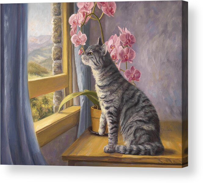 Cat Acrylic Print featuring the painting Smelling The Flowers by Lucie Bilodeau