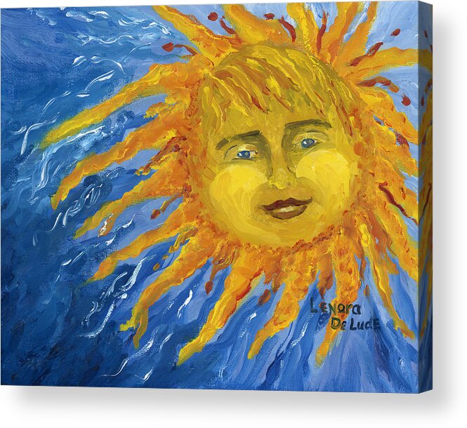Sun Acrylic Print featuring the painting Smiling Yellow Sun in Blue Sky by Lenora De Lude