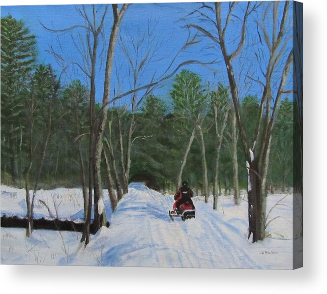 Landscape Acrylic Print featuring the painting Snowmobile on Trail by Linda Feinberg