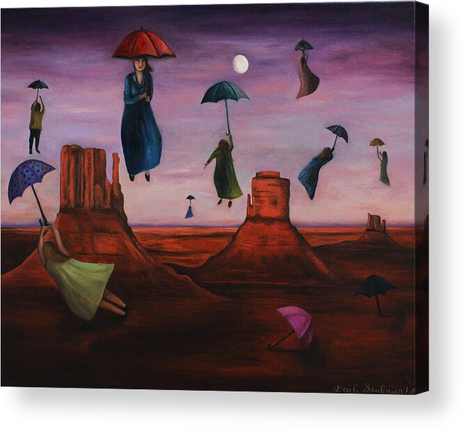 Umbrellas Acrylic Print featuring the painting Spirits Of The Flying Umbrellas by Leah Saulnier The Painting Maniac