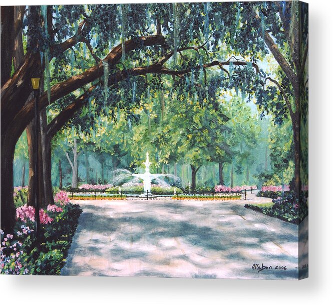 Savannah Acrylic Print featuring the painting Spring In Forsythe Park by Stanton Allaben