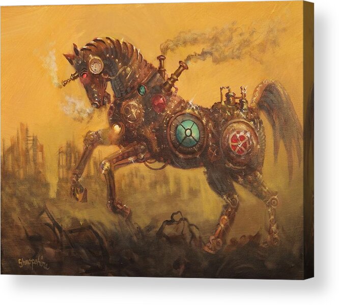 Steampunk Acrylic Print featuring the painting Steampunk War Horse by Tom Shropshire