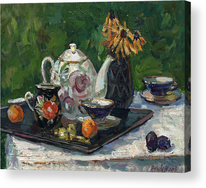 Still Life Acrylic Print featuring the painting Still life with white teapot by Juliya Zhukova