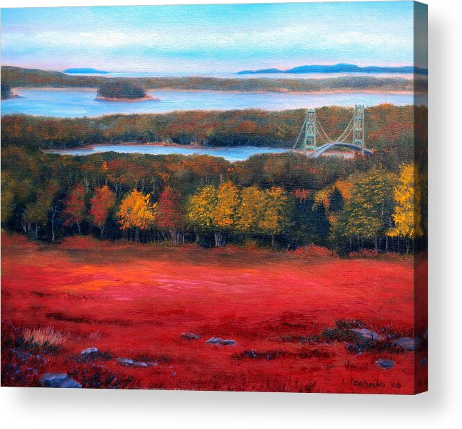 Maine Acrylic Print featuring the painting Stonington Bridge in Autumn by Laura Tasheiko