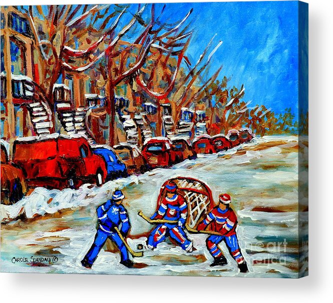 Montreal Acrylic Print featuring the painting Street Hockey Row Houses Goalie Makes The Save Verdun Montreal Hockey Art Carole Spandau by Carole Spandau