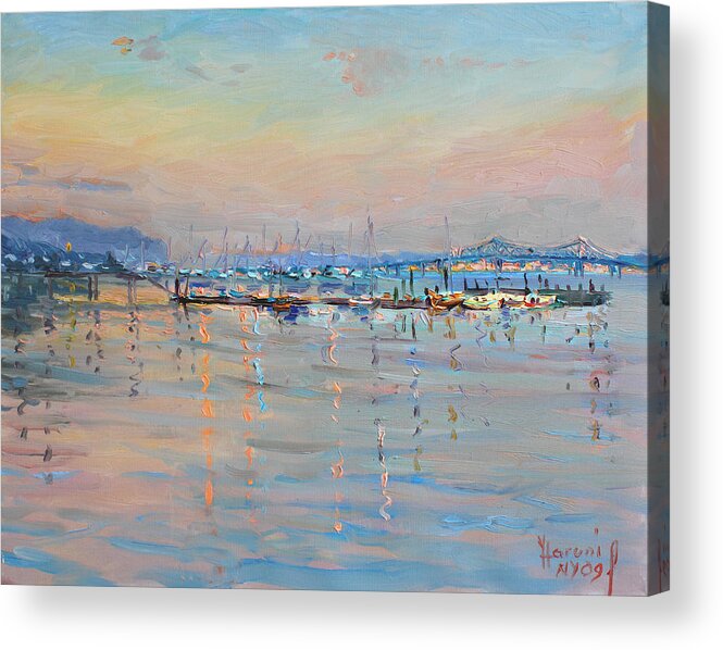 Seascape Acrylic Print featuring the painting Sunset in Piermont Harbor NY by Ylli Haruni