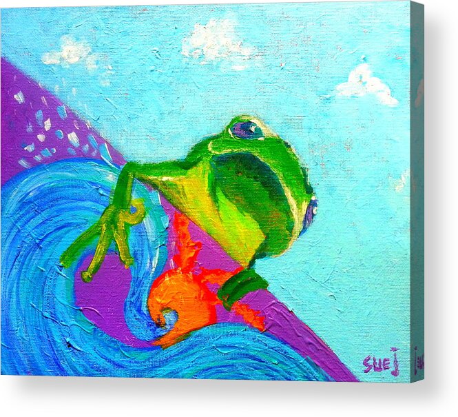 Frog Surfboard Surf-board Surf Board Colorful Whimsical Quirky Decorative Colourful Bright Vibrant Acrylic Acrylics Painting Pretty Unique Style Bold Brush Strokes Heart-warming Cute Child's-room Childs Child's Room Vivid Drawing Sketch Loose Distinctive Funny Fun Cheerful Brighten Pink Blue Green Purple Beach Waves Sea Ocean Surfing Living-room Bedroom Summer Spring Fall Autumn Black White Sun Sunny Summery Froggy Froggie Faa Sojisch Clear Sky Skies Blue-sky Wispy White Clouds Acrylic Print featuring the painting Surfing Froggie by Sue Jacobi