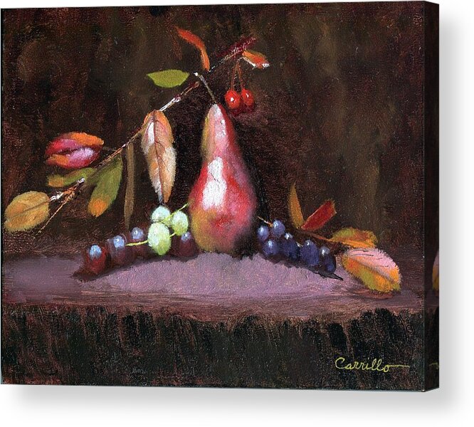  Still Life Of Vivid Fall Colors Surrounding Golden Pear Acrylic Print featuring the painting Taste of Fall by Ruben Carrillo