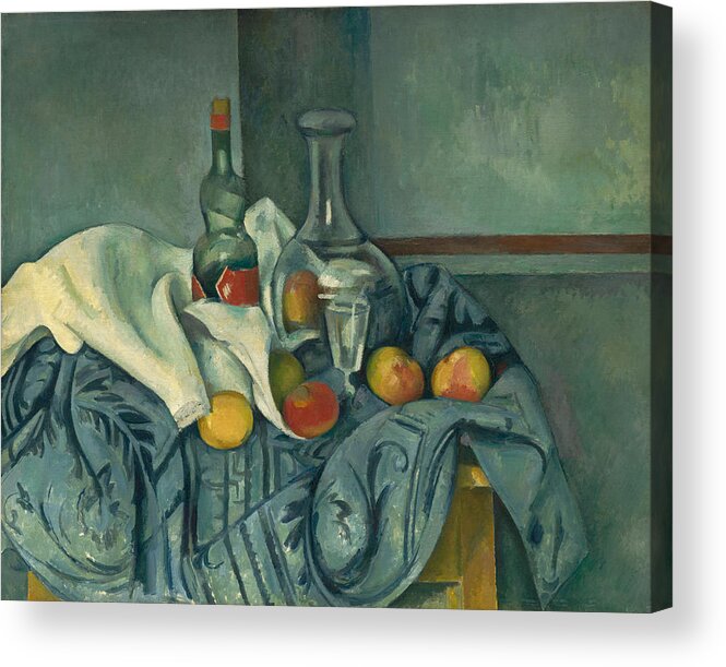 Post-impressionist; Fruit; Still; Life; Table; Apple; Glass; Tablecloth; Decanter Acrylic Print featuring the painting The Peppermint Bottle by Paul Cezanne