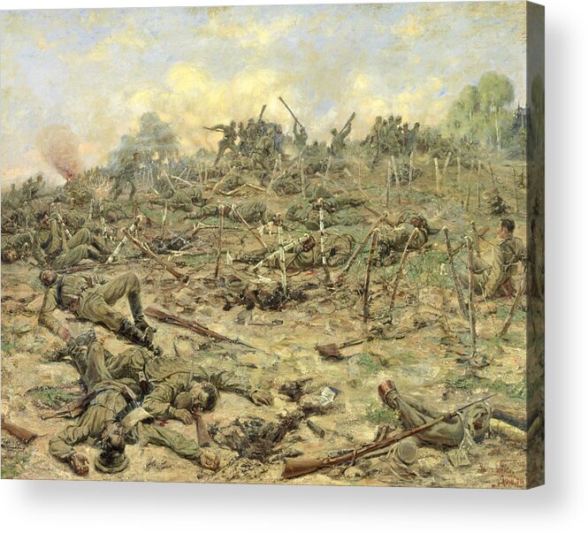 Red Army Acrylic Print featuring the painting The Russian Infantry Attacking The German Entrenchments by Pyotr Pavlovich Karyagin
