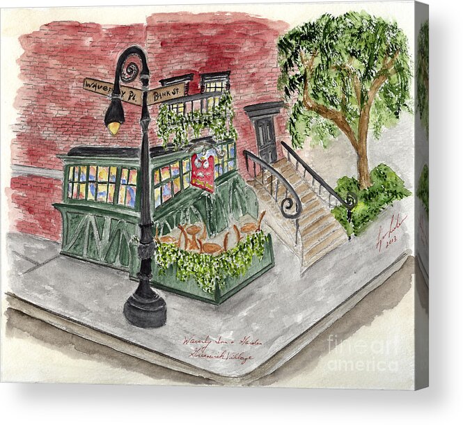 Waverly Inn Acrylic Print featuring the painting The Waverly Inn and Garden by AFineLyne