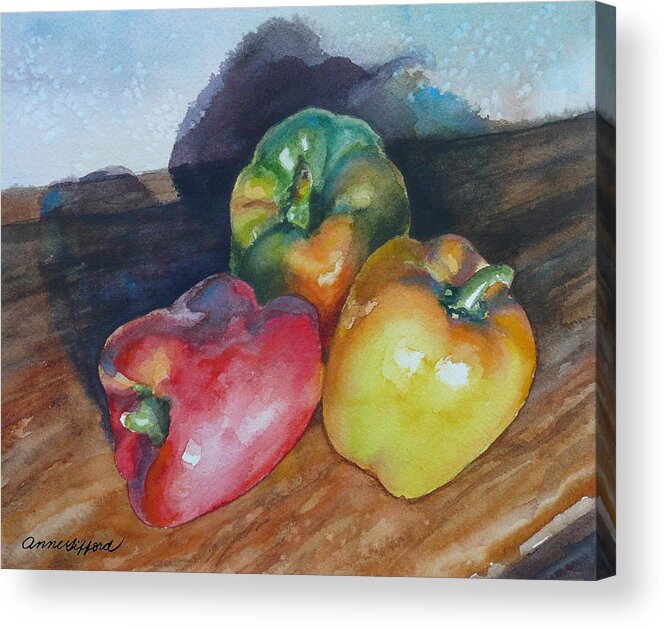 Peppers Painting Acrylic Print featuring the painting Three Peppers by Anne Gifford